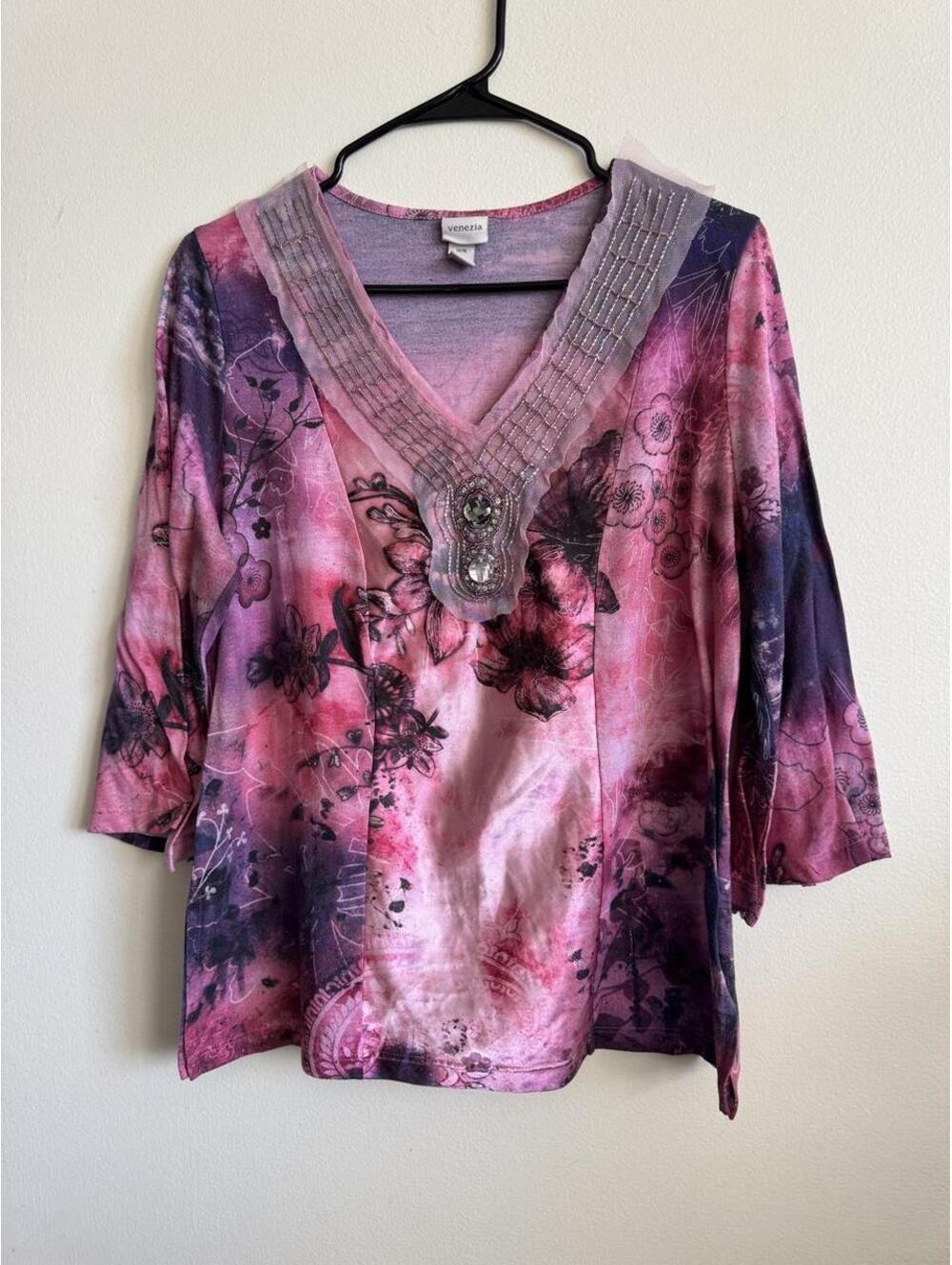 Venezia pink & purple floral polyester blouse with beaded detail, size 14